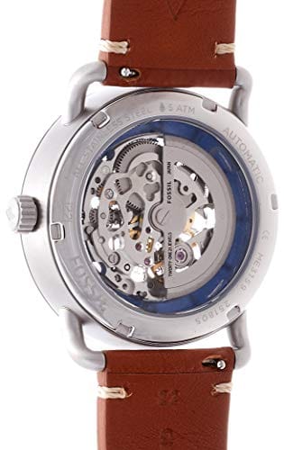 Fossil Commuter Automatic Skeleton Blue Dial Brown Leather Strap Watch for Men - ME3159