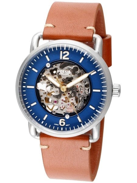 Fossil Commuter Automatic Skeleton Blue Dial Brown Leather Strap Watch for Men - ME3159