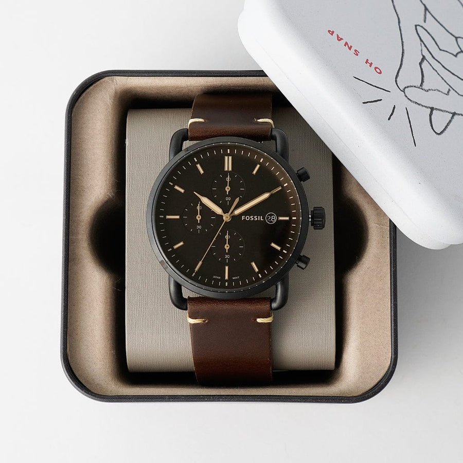 Fossil Commuter Chronograph Black Dial Brown Leather Strap Watch for Men - FS5403