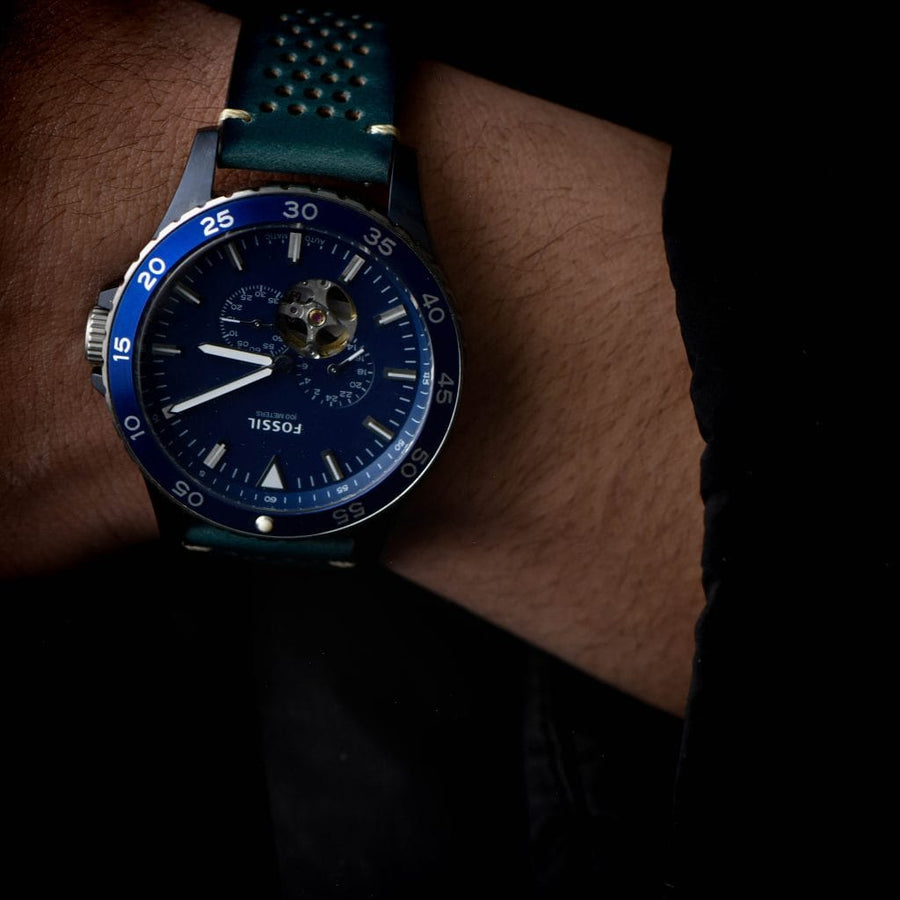 Fossil Crewmaster Sports Automatic Blue Dial Blue Leather Strap Watch for Men - ME3149