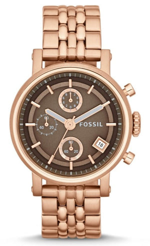 Fossil Boyfriend Chronograph Brown Dial Rose Gold Steel Strap Watch for Women - ES3494