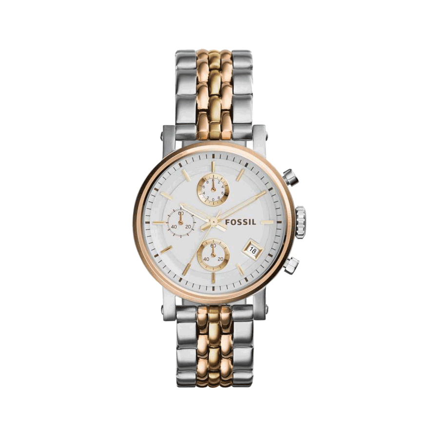 Fossil Boyfriend Chronograph White Dial Two Tone Steel Strap Watch for Women - ES3840