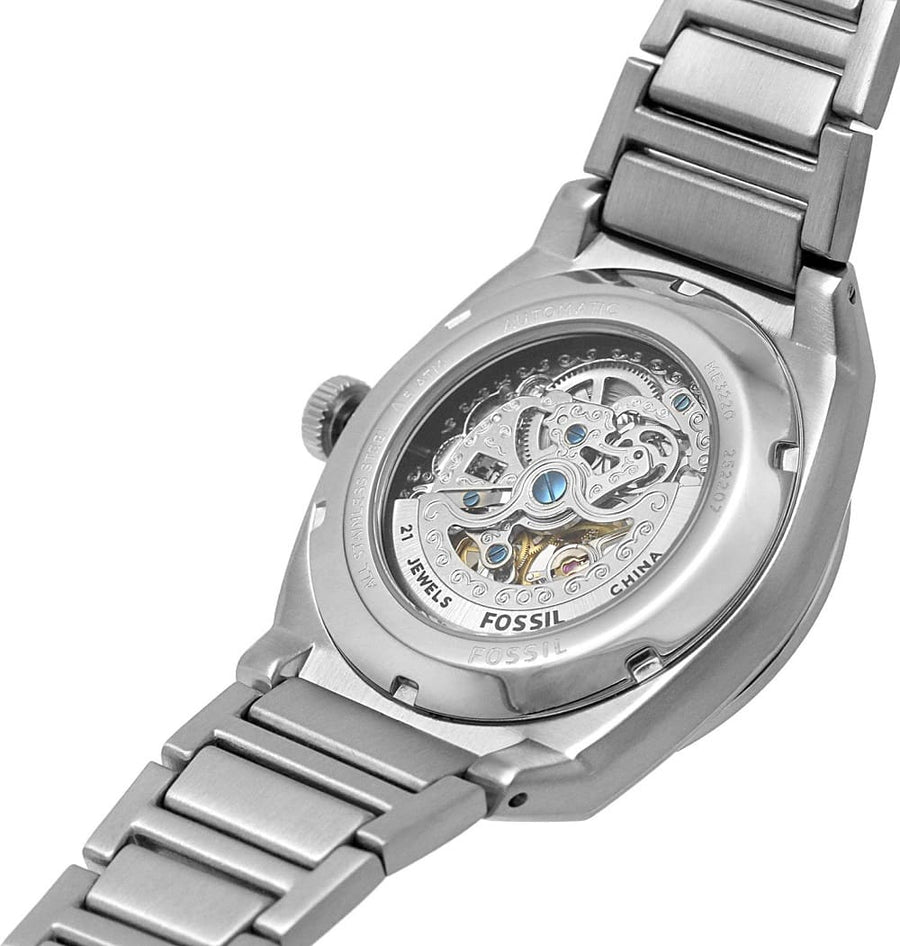 Fossil Everett Automatic Skeleton Blue Dial Silver Steel Strap Watch for Men - ME3220