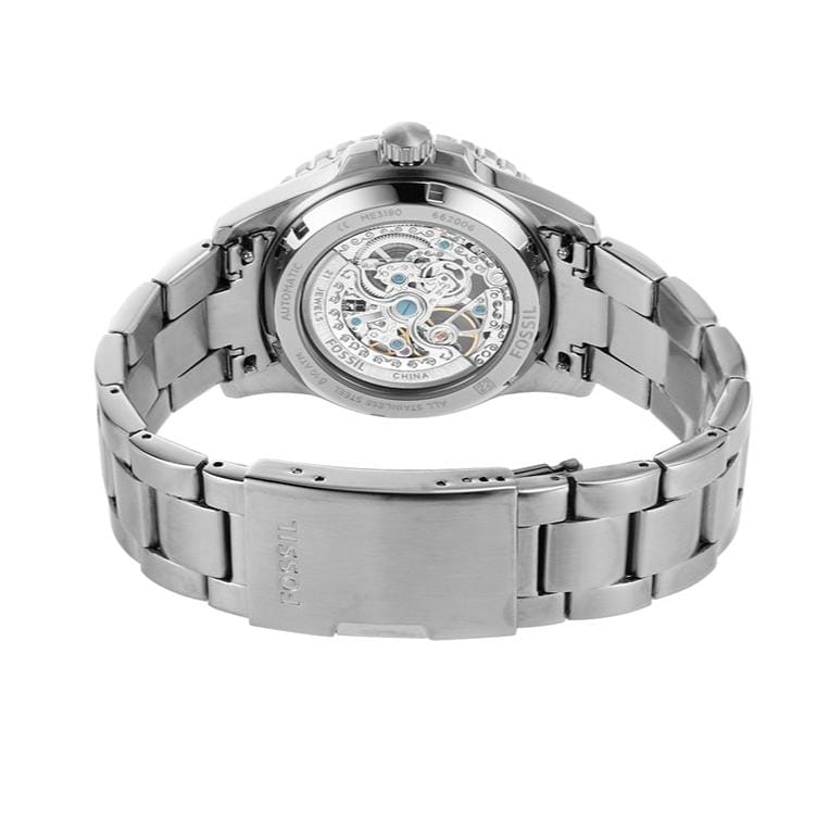 Fossil FB-01 Automatic Skeleton Black Dial Silver Steel Strap Watch for Men - ME3190