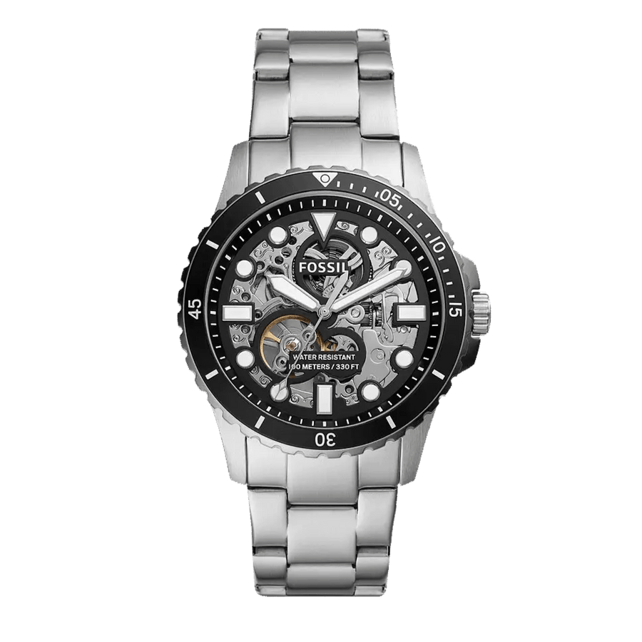 Fossil FB-01 Automatic Skeleton Black Dial Silver Steel Strap Watch for Men - ME3190