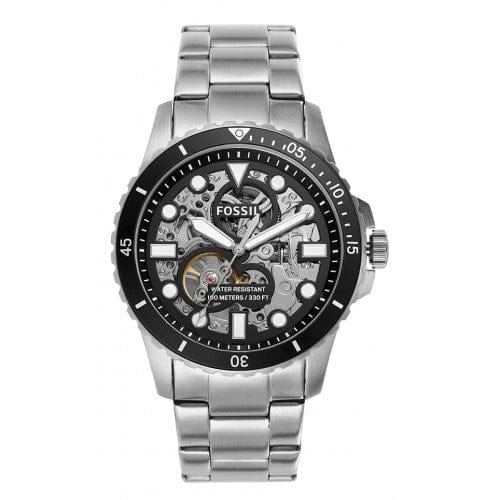 Fossil FB-01 Automatic Skeleton Black Dial Silver Steel Strap Watch for Men - ME3190
