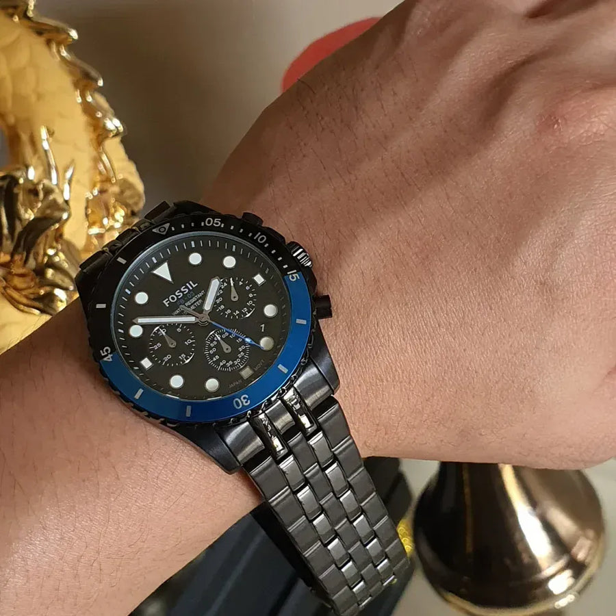 Fossil FB-01 Chronograph Black Dial Grey Steel Strap Watch for Men - FS5835