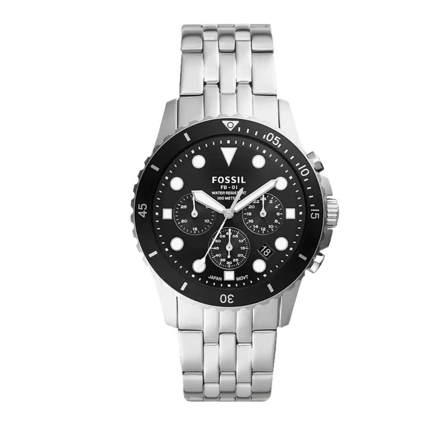 Fossil FB-01 Chronograph Black Dial Silver Steel Strap Watch for Men - FS5837