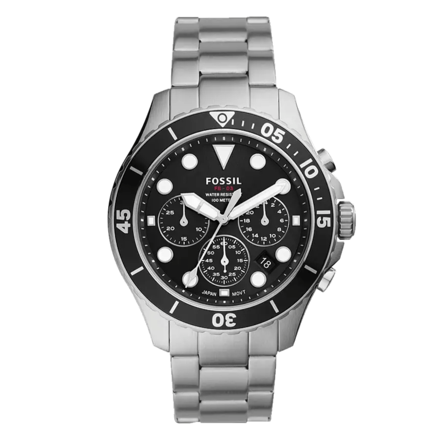 Fossil FB-03 Chronograph Black Dial Silver Steel Strap Watch for Men - FS5725