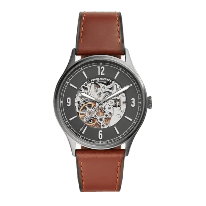 Fossil Forrester Automatic Skeleton Grey Dial Brown Leather Strap Watch for Men - ME3178