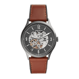 Fossil Forrester Automatic Skeleton Grey Dial Brown Leather Strap Watch for Men - ME3178