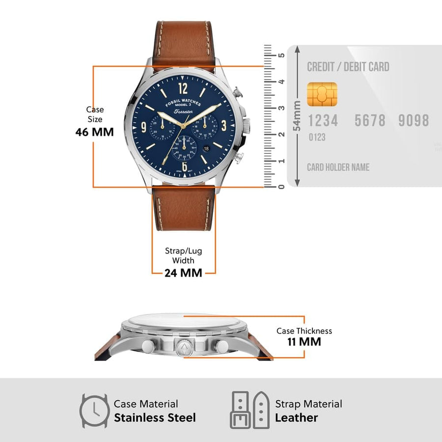 Fossil Forrester Chronograph Blue Dial Brown Leather Strap Watch for Men -  S5607
