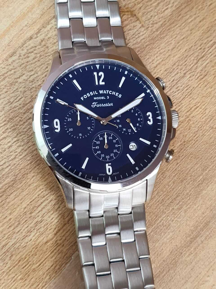 Fossil Forrester Chronograph Blue Dial Silver Steel Strap Watch for Men - FS5605