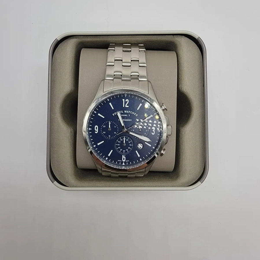 Fossil Forrester Chronograph Blue Dial Silver Steel Strap Watch for Men - FS5605