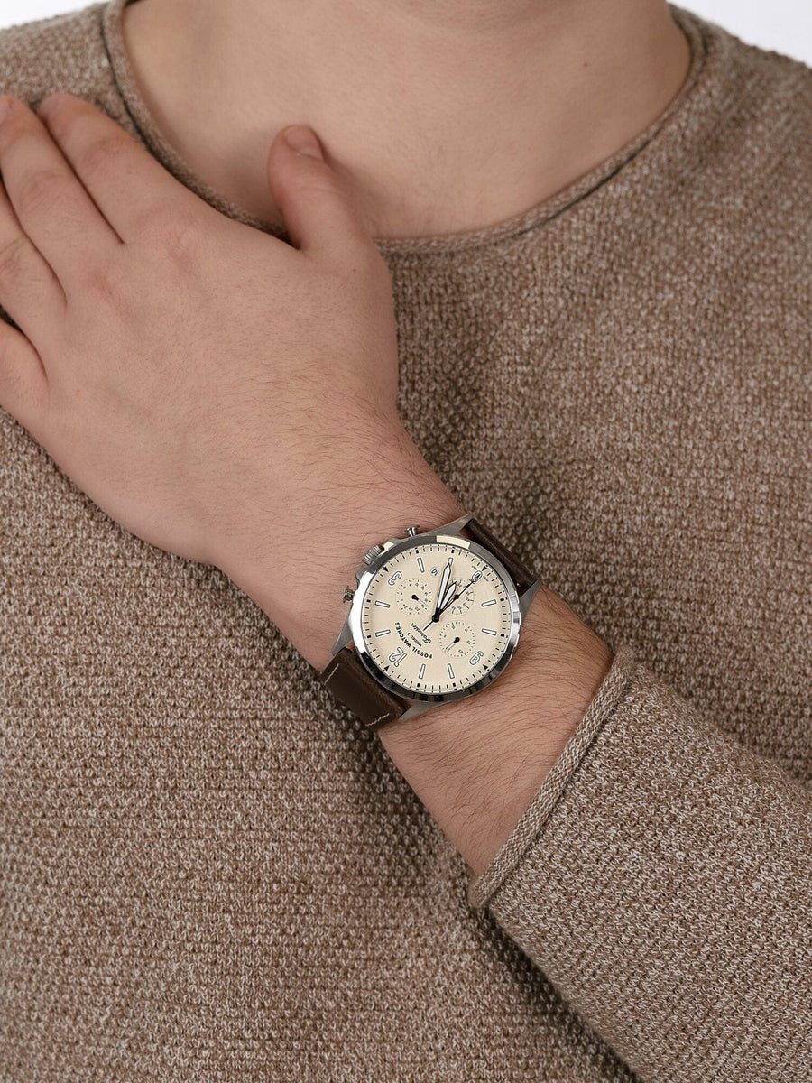 Fossil Forrester Chronograph White Dial Brown Leather Strap Watch for Men - FS5696