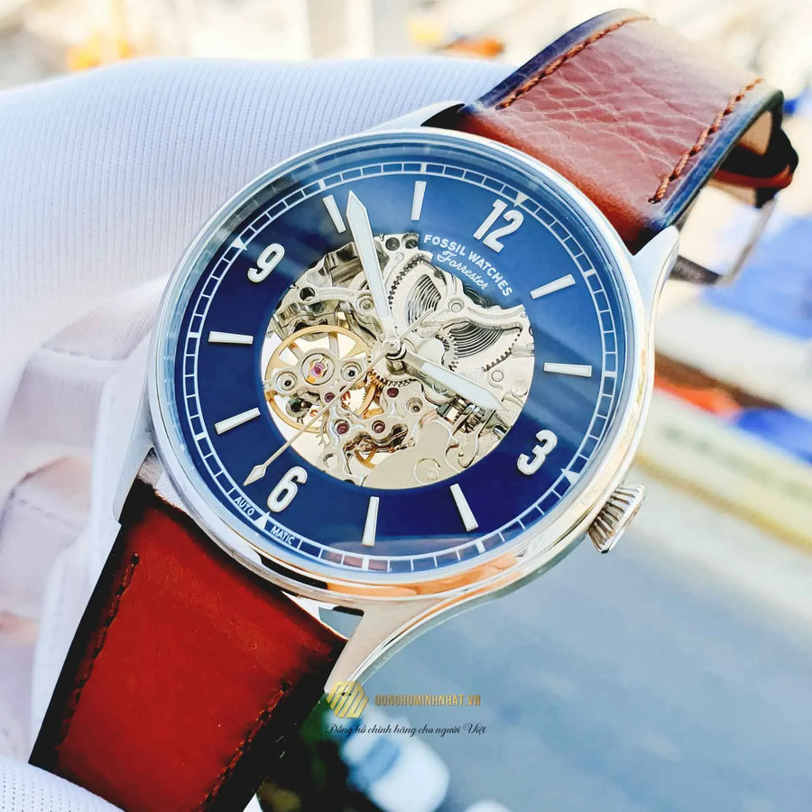 Fossil Forrester Luggage Automatic Skeleton Blue Dial Brown Leather Strap Watch for Men - ME3179