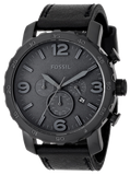 Fossil Nate Chronograph Black Dial Black Leather Strap Watch for Men - JR1354