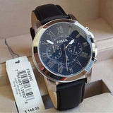 Fossil Grant Chronograph Blue Dial Black Leather Strap Watch for Men - FS4990