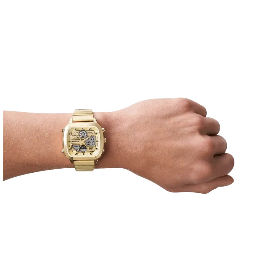 Fossil Retro Analog-Digital Gold Dial Gold Steel Strap Watch for Men - FS5889