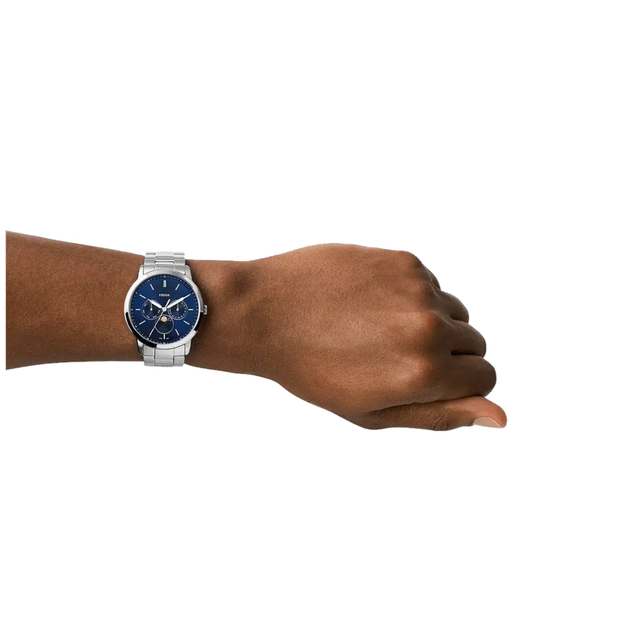 Fossil Neutra Minimalist Moonphase Blue Dial Silver Steel Strap Watch for Men - FS5907