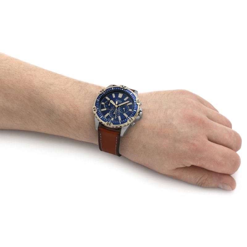 Fossil Garrett Chronograph Blue Dial Brown Leather Strap Watch for Men - FS5625