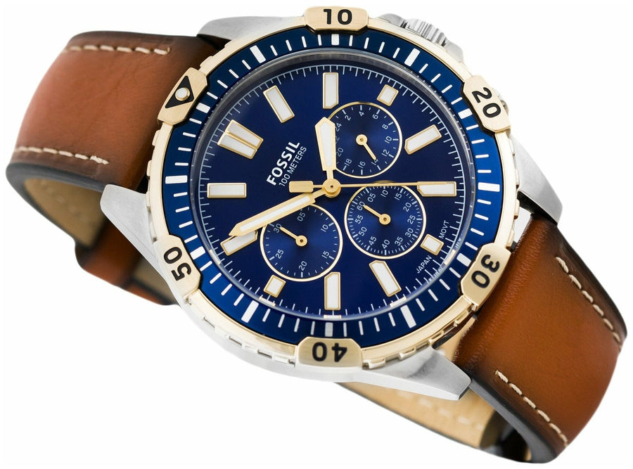 Fossil Garrett Chronograph Blue Dial Brown Leather Strap Watch for Men - FS5625