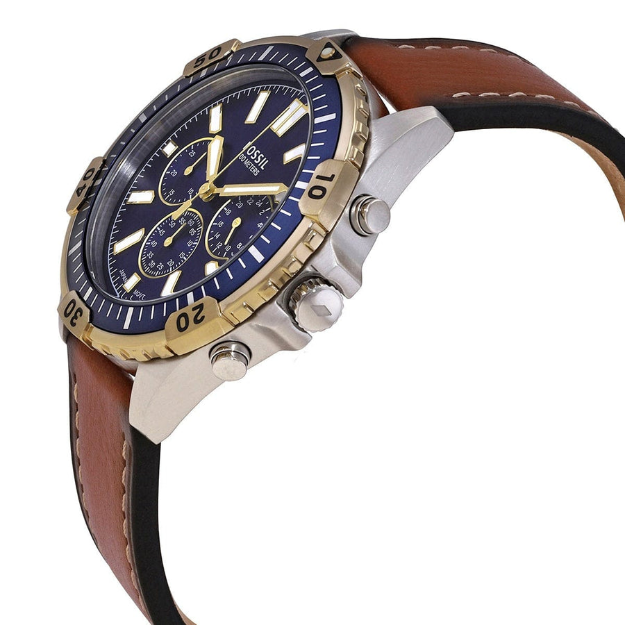 Fossil Garrett Chronograph Blue Dial Brown Leather Strap Watch for Men - FS5625
