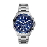 Fossil Garrett Chronograph Blue Dial Silver Steel Strap Watch for Men - FS5623