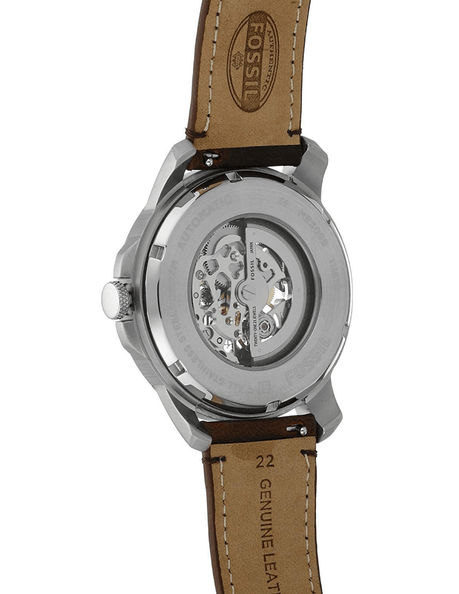 Fossil Grant Automatic Beige Skeleton Dial Brown Leather Strap Watch for Men - ME3099