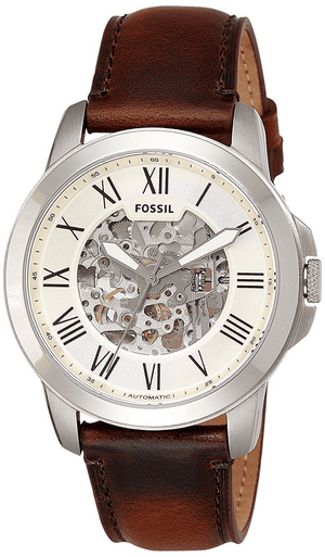 Fossil Grant Automatic Beige Skeleton Dial Brown Leather Strap Watch for Men - ME3099