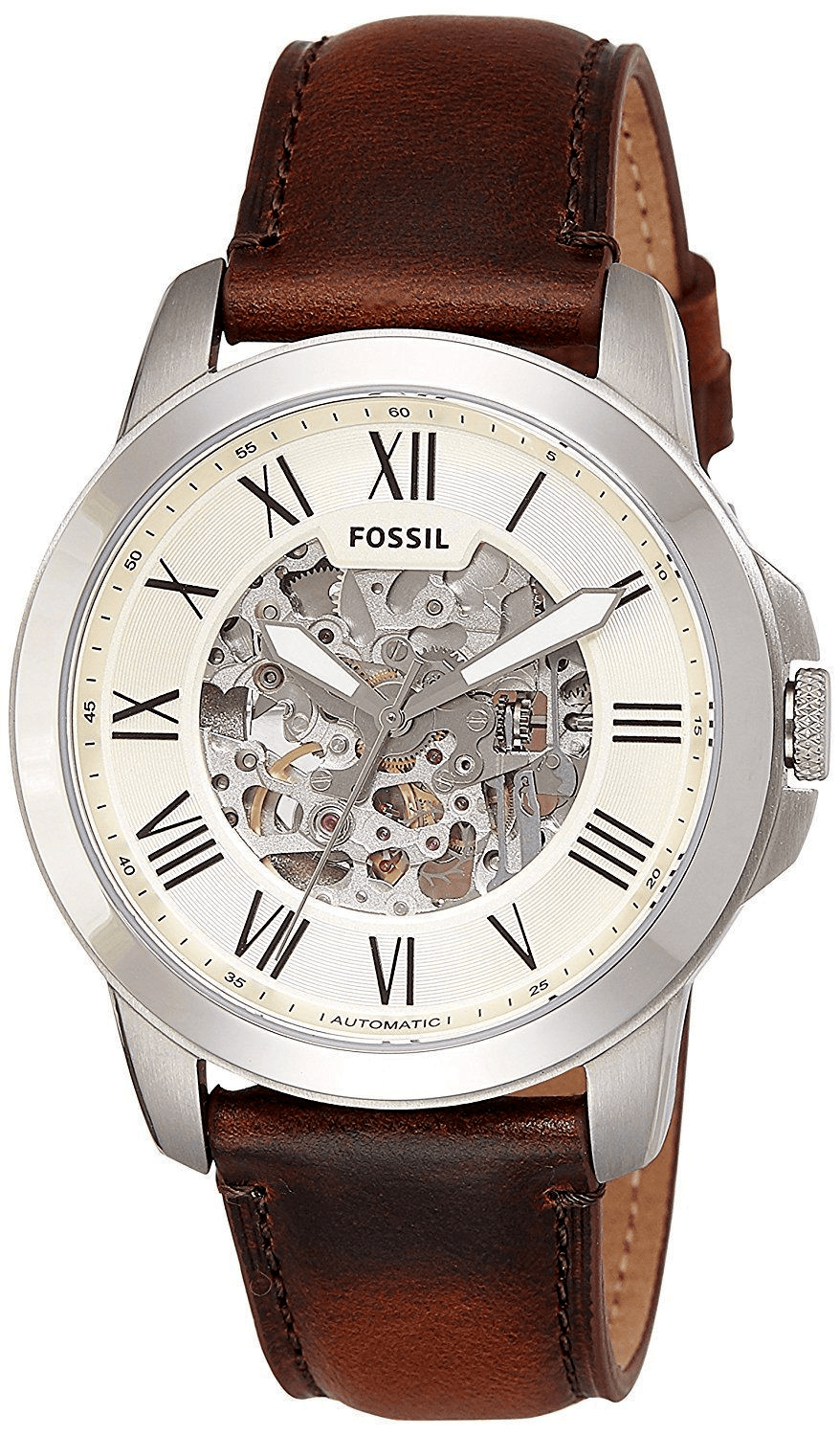 Fossil Grant Automatic Beige Skeleton Dial Brown Leather Strap Watch for Men - ME3099