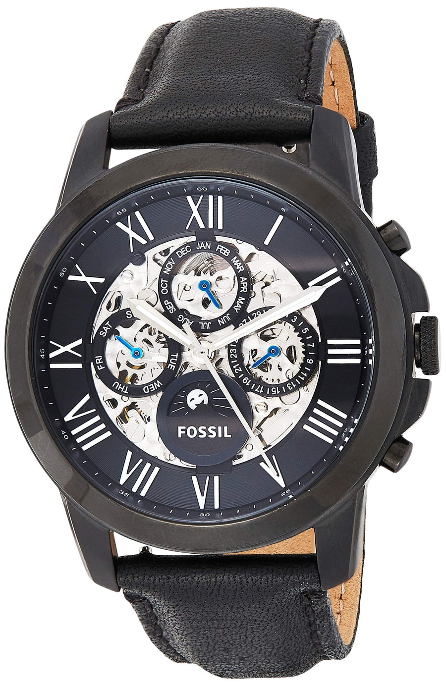 Fossil Grant Automatic Black Dial Black Leather Strap Watch for Men - ME3028
