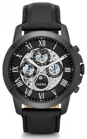 Fossil Grant Automatic Black Dial Black Leather Strap Watch for Men - ME3028
