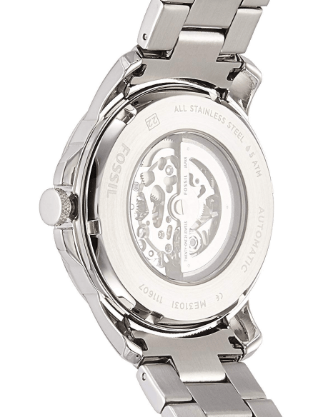 Fossil Grant Automatic Skeleton Black Dial Silver Steel Strap Watch for Men - ME3103
