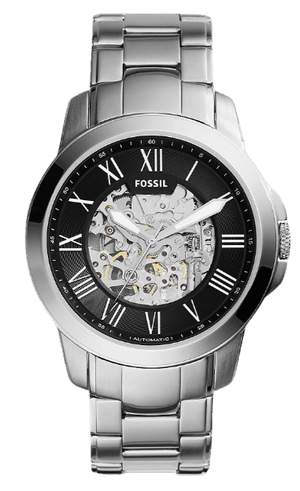 Fossil Grant Automatic Skeleton Black Dial Silver Steel Strap Watch for Men - ME3103