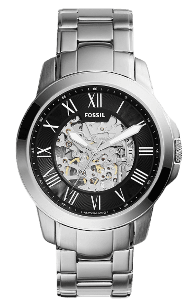 Fossil Grant Automatic Skeleton Black Dial Silver Steel Strap Watch for Men - ME3103
