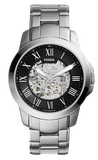 Fossil Grant Automatic Skeleton Black Dial Silver Steel Strap Watch for Men - ME3103