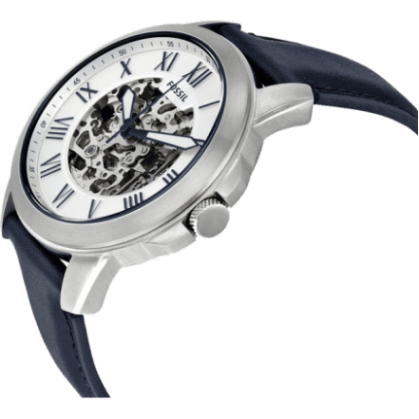 Fossil Grant Automatic Skeleton Silver Dial Blue Leather Strap Watch for Men - ME3111