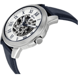 Fossil Grant Automatic Skeleton Silver Dial Blue Leather Strap Watch for Men - ME3111