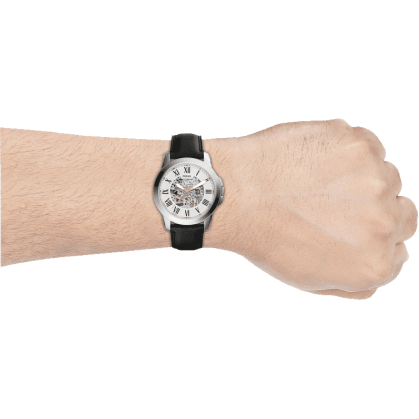 Fossil Grant Automatic Skeleton White Dial Black Leather Strap Watch for Men - ME3101