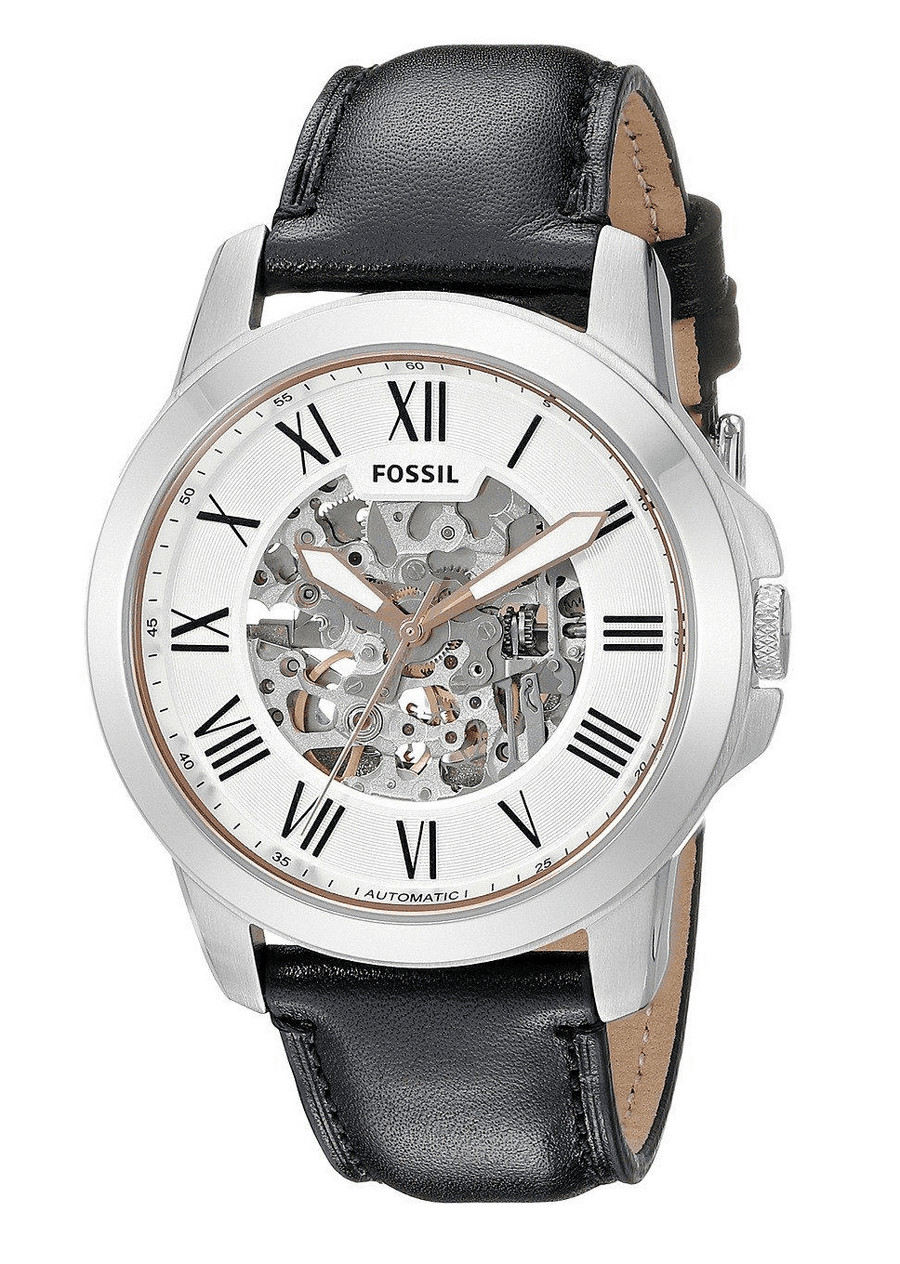 Fossil Grant Automatic Skeleton White Dial Black Leather Strap Watch for Men - ME3101