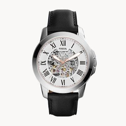 Fossil Grant Automatic Skeleton White Dial Black Leather Strap Watch for Men - ME3101
