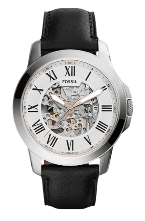 Fossil Grant Automatic Skeleton White Dial Black Leather Strap Watch for Men - ME3101