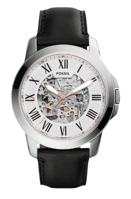 Fossil Grant Automatic Skeleton White Dial Black Leather Strap Watch for Men - ME3101