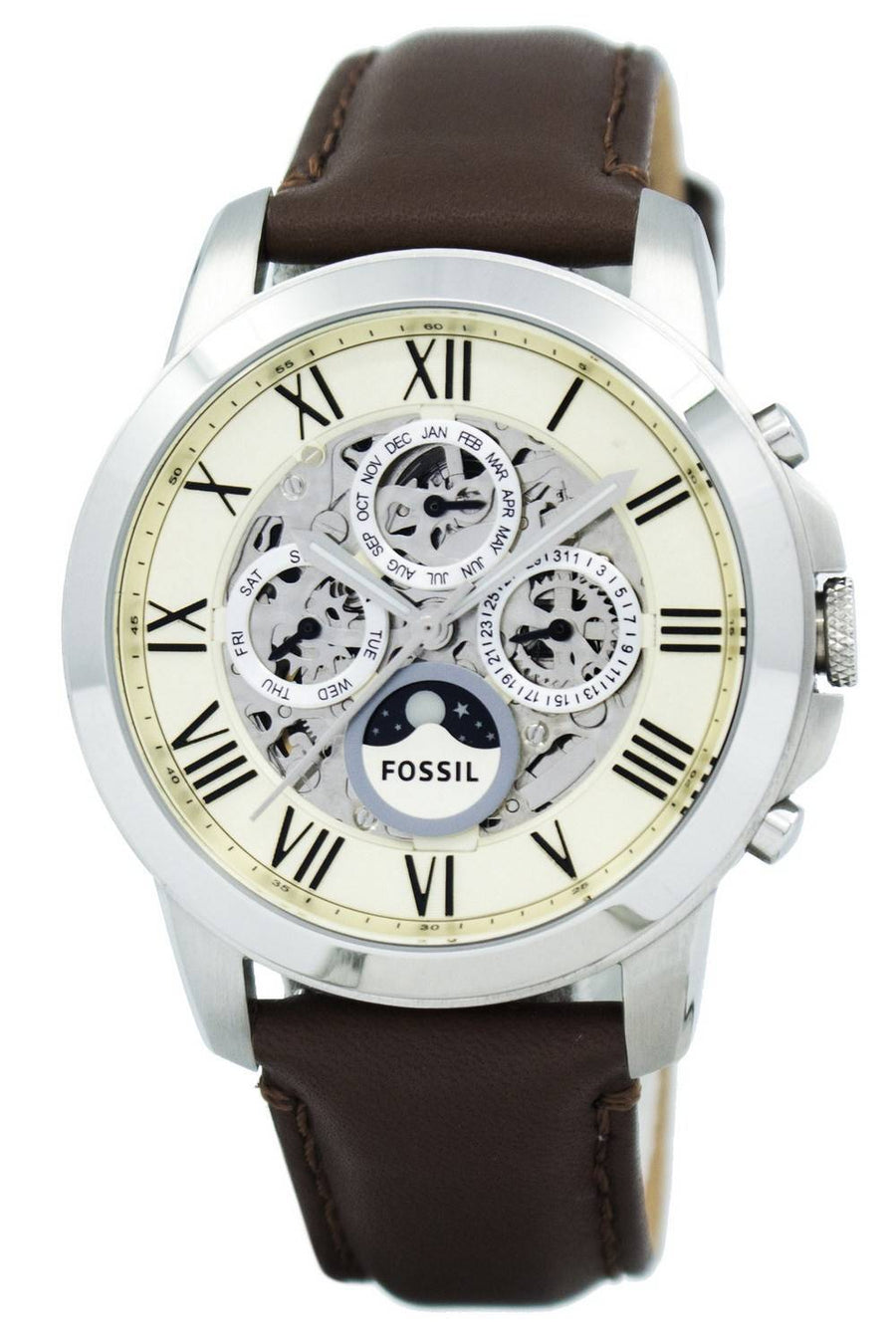 Fossil Grant Automatic White Dial Brown Leather Strap Watch for Men -  ME3027