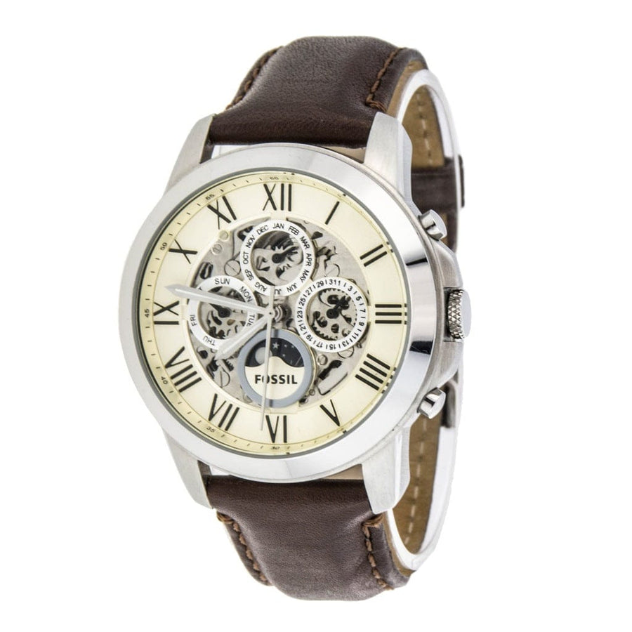 Fossil Grant Automatic White Dial Brown Leather Strap Watch for Men -  ME3027
