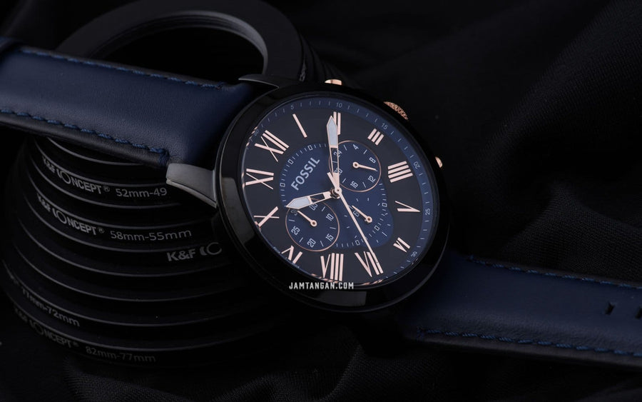 Fossil Grant Chronograph Black Dial Blue Leather Strap Watch for Men - FS5061