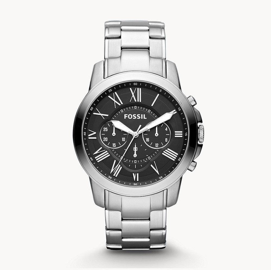 Fossil Grant Chronograph Black Dial Silver Steel Strap Watch for Men - FS4736