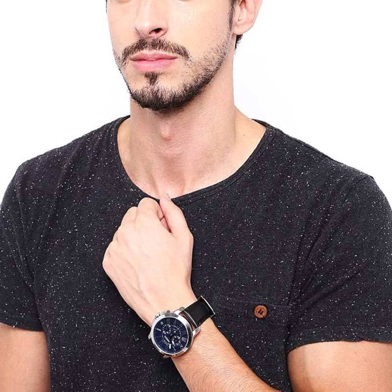 Fossil Grant Chronograph Blue Dial Black Leather Strap Watch for Men - FS4990