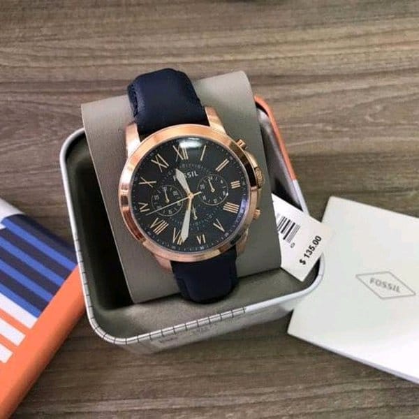 Fossil Grant Chronograph Grey Dial Black Leather Strap Watch for Men - FS5085